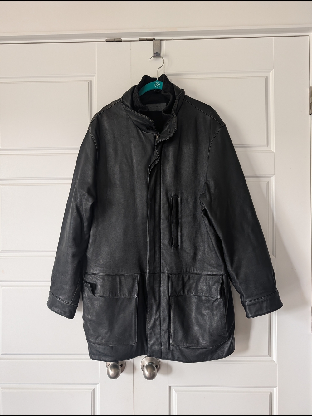 Men's Black Leather Zip-Front Coat